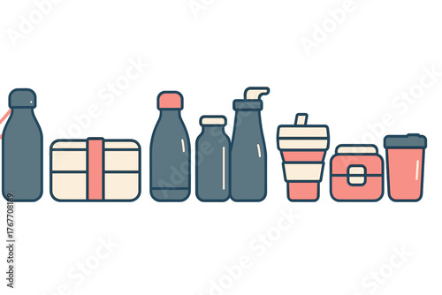 Collection of reusable containers for food and drink including bottles, bento box, and travel mugs