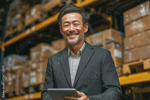 Asian businessman wearing suit standing smiling a happy holding tablet stand in a warehouse of background with copy space.