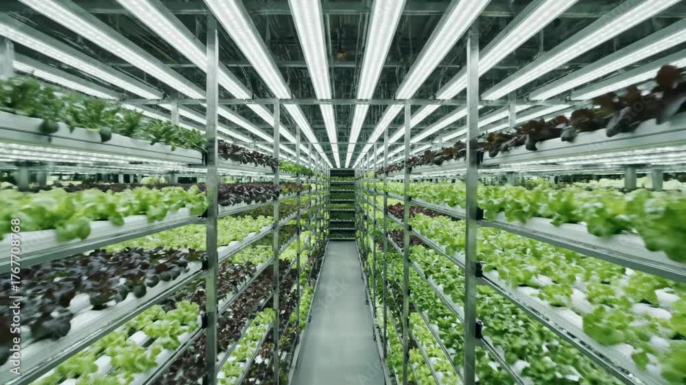 Indoor vertical farm features rows of vibrant leafy greens growing ...