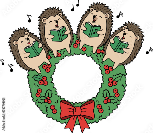 A charming illustration depicts four hedgehogs joyfully singing carols from a festive Christmas wreath, celebrating the holiday season with music.