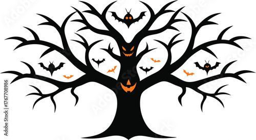Spooky halloween tree with bats and jack o lantern faces