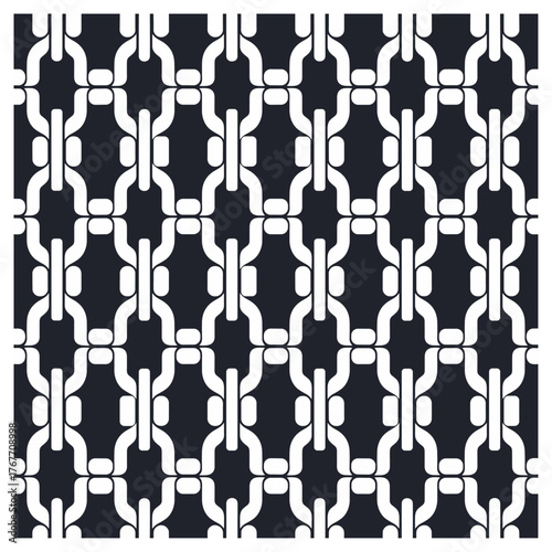 This bold geometric design features interlocking chain links in black and white, creating a structured, symmetrical pattern. The repetitive linking shapes and clean lines form a modern and striking.
