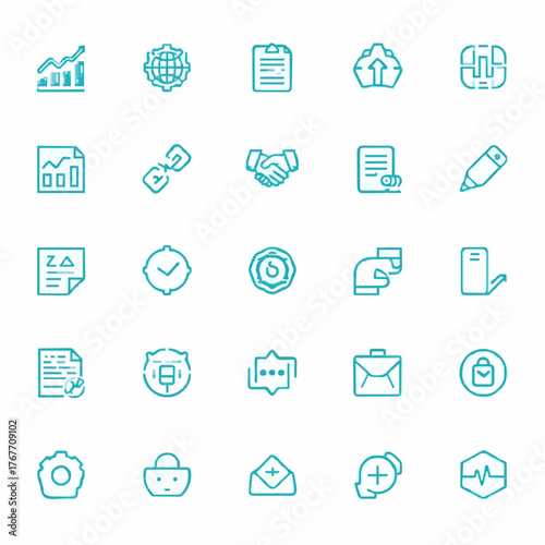 Flat vector icons with aquamarine color palette, representing office productivity tools — laptop, file, chart, and task. Designed for business apps, dashboards, and templates