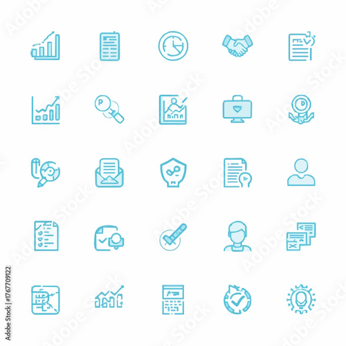 Stylish aquamarine vector icons showing data analytics, finance charts, and reports. Modern flat design for fintech, data visualization, and corporate projects.