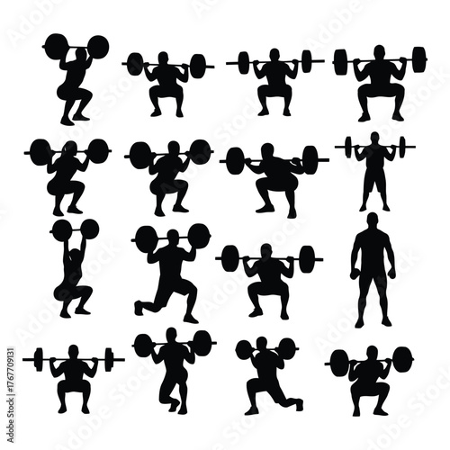 Silhouettes of people performing barbell squats and weightlifting exercises graphic