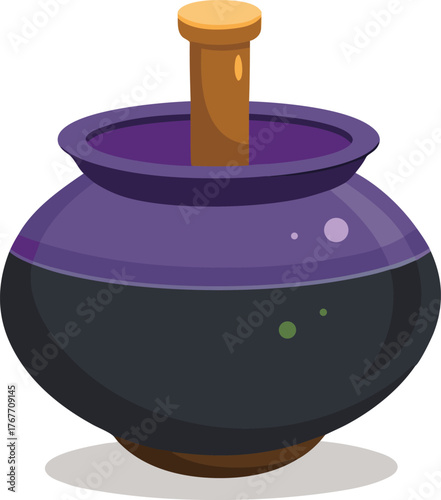 Cartoon witch cauldron with bubbling potion and wooden stirrer