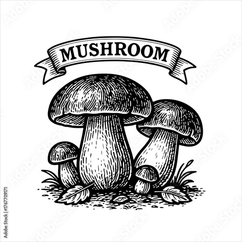 Vintage black and white engraving of porcini mushrooms with a ribbon banner.