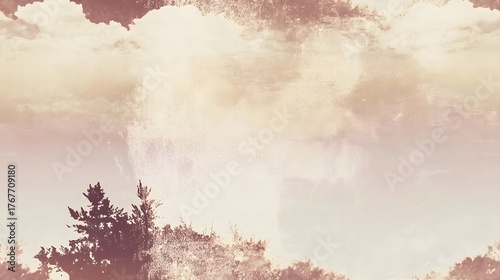 Distressed vintage sky background features silhouettes of evergreen trees along the bottom edge