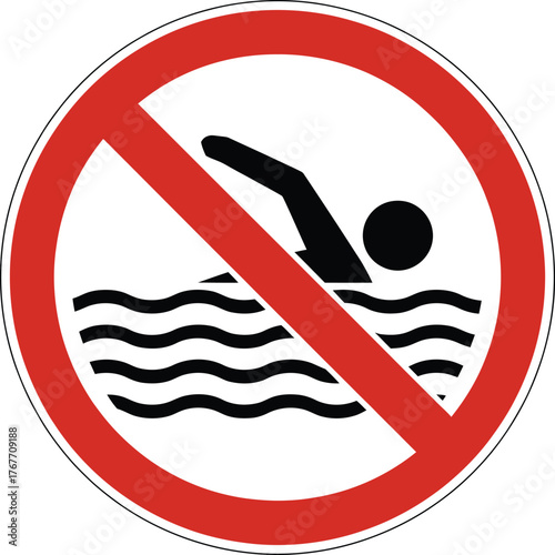 No Swimming Red and White No Swimming Prohibition Circle Vector Sign: A crossed-out figure swimming in waves, indicating a restricted water area.