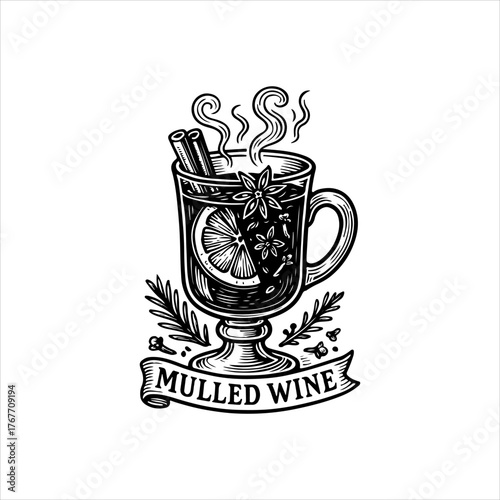 A vintage black and white engraving style illustration of a steaming glass of mulled wine with spices and a festive banner.