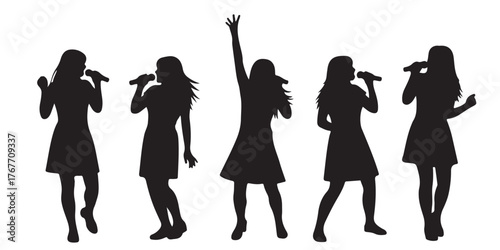 Five female singer silhouettes with microphones Keywords: silhouette, singer, singing
