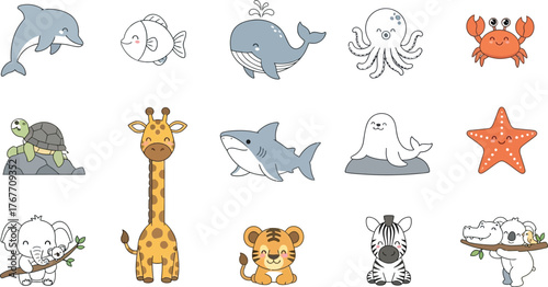 Cute animals dolphin fish whale octopus crab turtle giraffe shark seal starfish