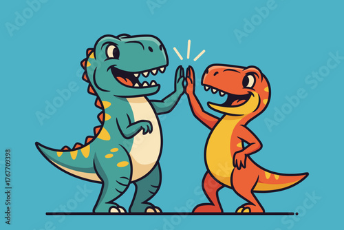 Two happy cartoon dinosaurs giving each other a high five.