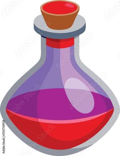 Glass potion bottle with red and purple liquid and cork stopper