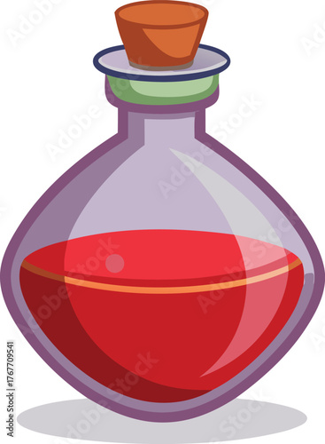 Glass potion bottle filled with red liquid and cork stopper