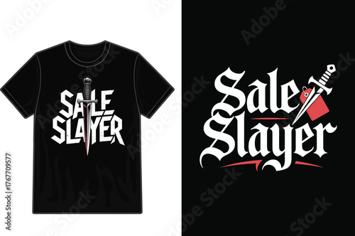 Black t-shirt with a striking gothic 'sale slayer' design mockup.
