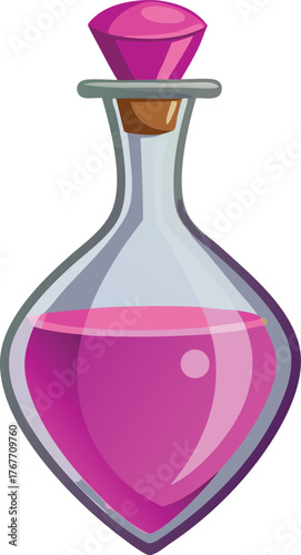 Glass potion bottle filled with pink liquid and a faceted stopper