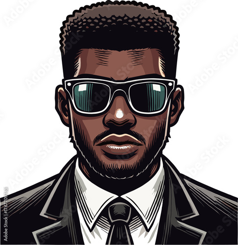 正面からのスーツ姿の黒のサングラスの黒人男性のイラスト