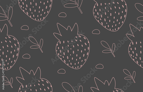 Dark Charcoal Strawberry Doodle Pattern. Trendy Seamless Vector Background for Fashion or Home Decor.