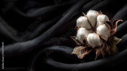 Elegant cotton flower on a luxurious black textile background, perfect for organic fashion or sustainable living campaigns needing a touch of natural beauty