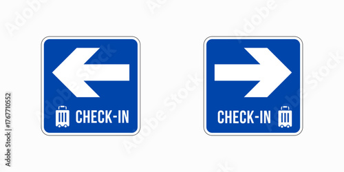 Airport check-in direction signs. Two blue information boards with arrows pointing left and right, showing baggage check-in directions. Clear, easy-to-read wayfinding symbols for terminal navigation, 