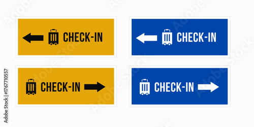 Airport check-in direction signs with arrows left and right. Blue and yellow baggage check-in wayfinding boards for passenger guidance, terminal navigation, and travel signage design.