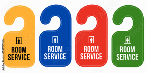 **Optimized Title (under 200 characters):**
Colorful hotel door hangers with room service signs. Set of four hangers in yellow, blue, red, and green for hospitality, hotel service, and accommodation d