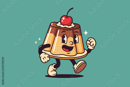 Retro Cartoon Pudding Character with Cherry Topping Walking Happ