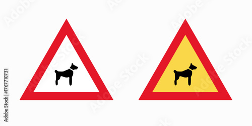 Warning signs depicting a dog, alerting drivers to the presence of animals on the road, promoting caution and preventing accidents