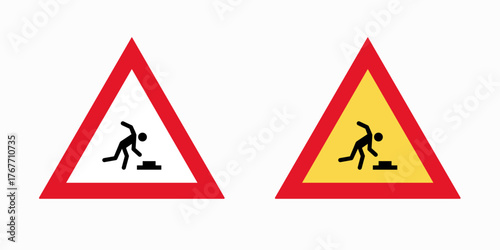 Cautionary signs warn of slippery steps, each depicting a person falling, one with a red triangle and the other with a yellow triangle