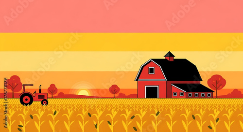Farm landscape illustration with barn, tractor and cornfield at sunset