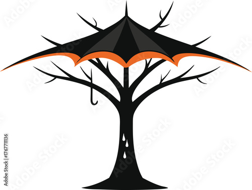 Spooky silhouette tree with umbrella canopy and dripping trunk
