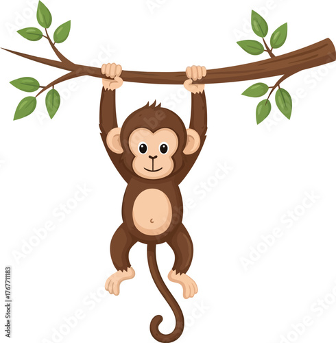 Monkey branch tree cartoon animal cute jungle primate wildlife nature fun happy