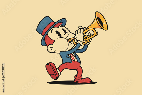 Retro Cartoon Character Playing Trumpet with Enthusiasm.