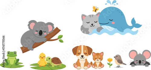 Cartoon animals cute koala whale cat dog bird mouse frog turtle chick vector
