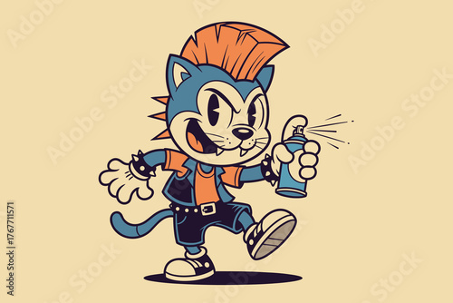 Retro Cartoon Punk Cat with Mohawk and Spray Can.