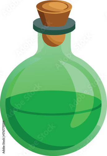Green potion in a vintage glass bottle with a cork stopper