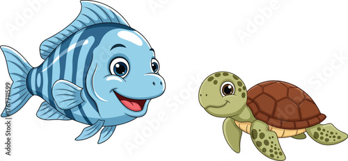 Cartoon fish turtle sea ocean marine life animal aquatic cute happy smiling