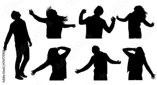 Set of 6, eyes closed, liberating, uninhibited, black and white, faceless, Silhouette, Vector art style, Flat design illustration, clean outline, isolated on white background