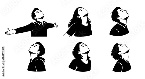Set of 6, eyes closed, liberating, uninhibited, black and white, faceless, Silhouette, Vector art style, Flat design illustration, clean outline, isolated on white background