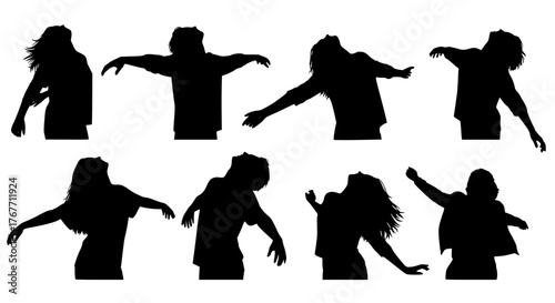 Set of 6, eyes closed, liberating, uninhibited, black and white, faceless, Silhouette, Vector art style, Flat design illustration, clean outline, isolated on white background
