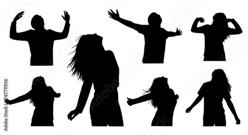 Set of 6, eyes closed, liberating, uninhibited, black and white, faceless, Silhouette, Vector art style, Flat design illustration, clean outline, isolated on white background