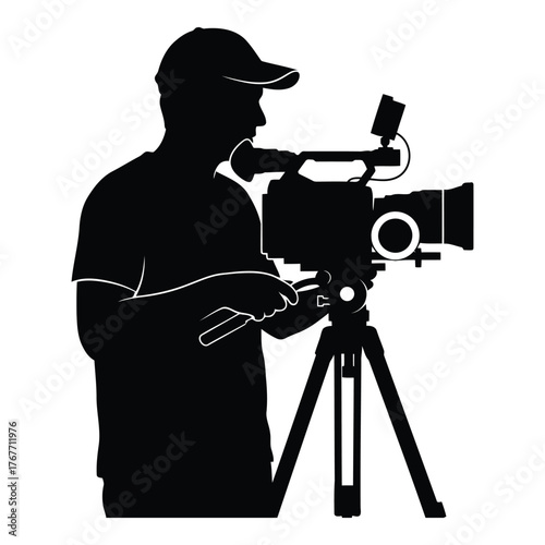 Silhouette of cameraman with professional video camera and tripod isolated design