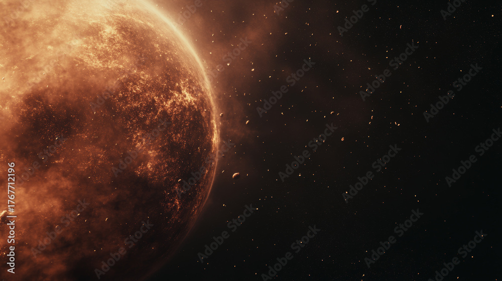 Naklejka premium Prehistoric Earth in the era of asteroid bombardment from space and the emergence of life on the planet's surface