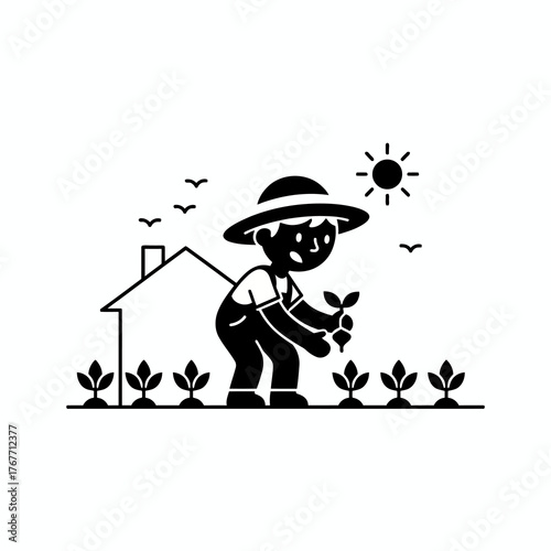 Vector black silhouette cartoon character icon planting vegetable garden at home