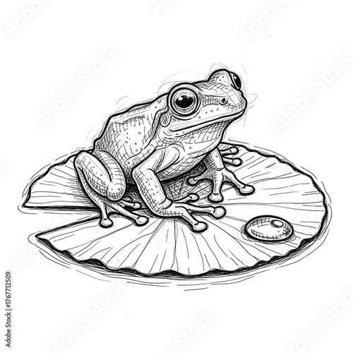 Frog on lily pad, black and white hand-drawn illustration