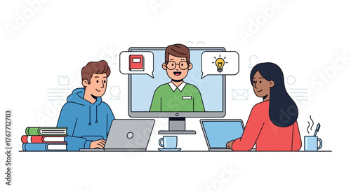 Online learning session with virtual instructor and engaged student participation setting creative