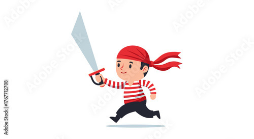 Cartoonish illustration of a joyful pirate with a bright red bandana and a sword rushing into