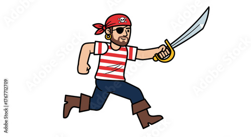 Cartoon pirate character running with a cutlass ready for adventure or children's illustration