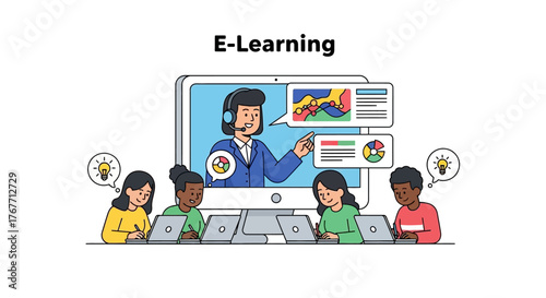 Animated diverse students attending an engaging online educational class together using technology
